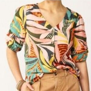 Sonoma Women's Top Wild Leaf Floral Orange Button Up Short Sleeve Size XL